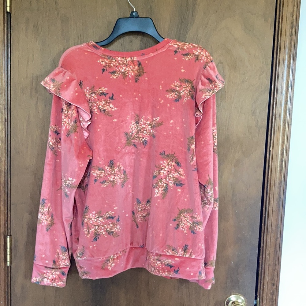 LC Lauren Conrad top floral print velvet w ruffle puff sleeve sweatshirt S M - Picture 11 of 15
